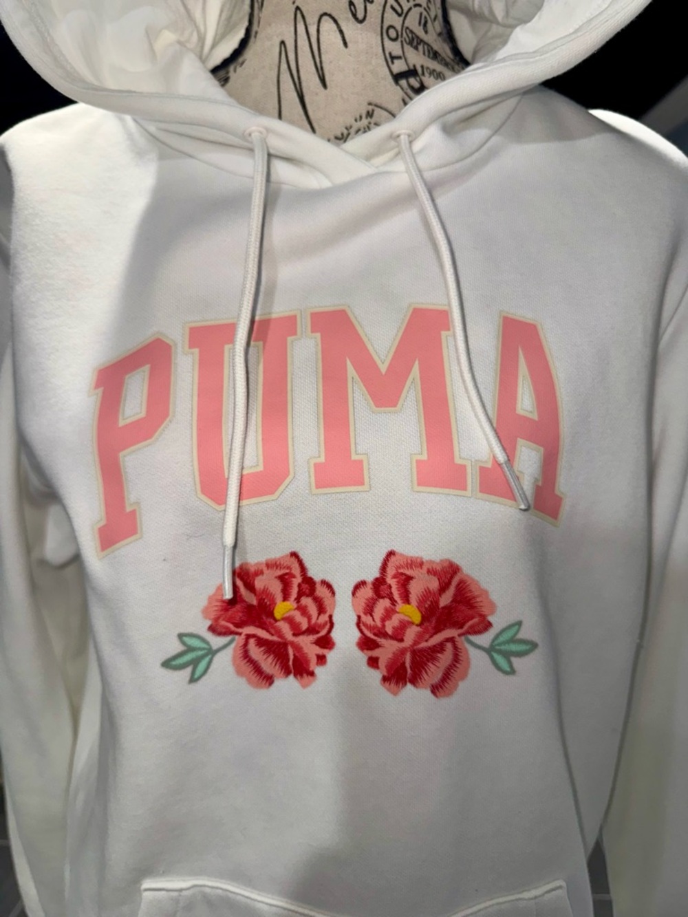 Puma White Hoodie with Pink Logo and Red Floral Embroidery